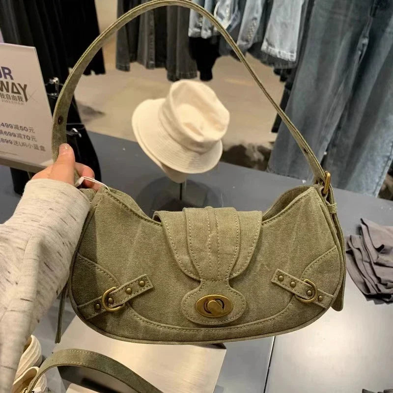 qgtao Y2k Vintage Shoulder Bag American Street Style Rivets Green Canvas Handbag Gothic Punk Biker Cool Designers Underarm Bag
