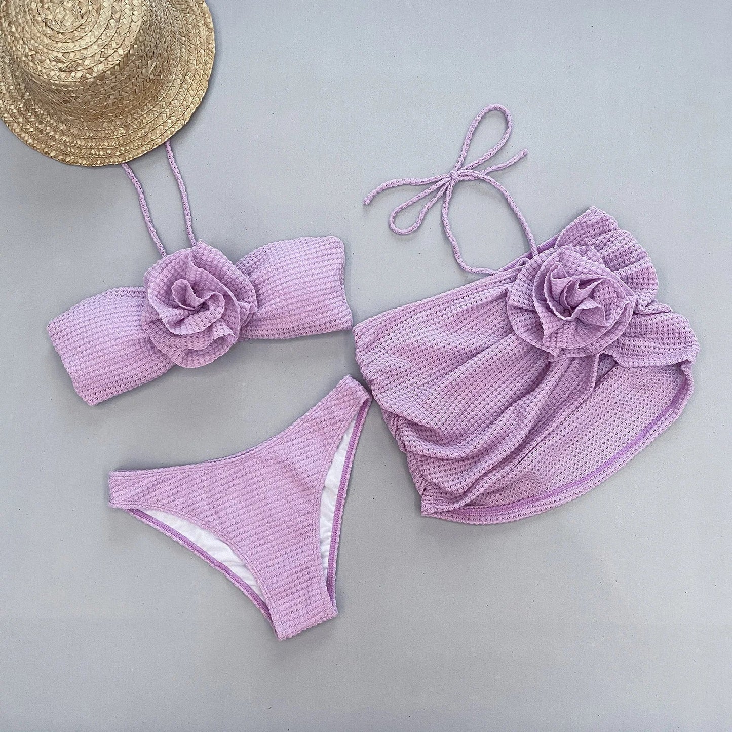 qgtao 3 Piece Bikini Women Swimsuits 2024 Female Swimwear Beachwear Swimming Suit Bathing Suit Bikini Set Floral Skirt Sarong Biquini
