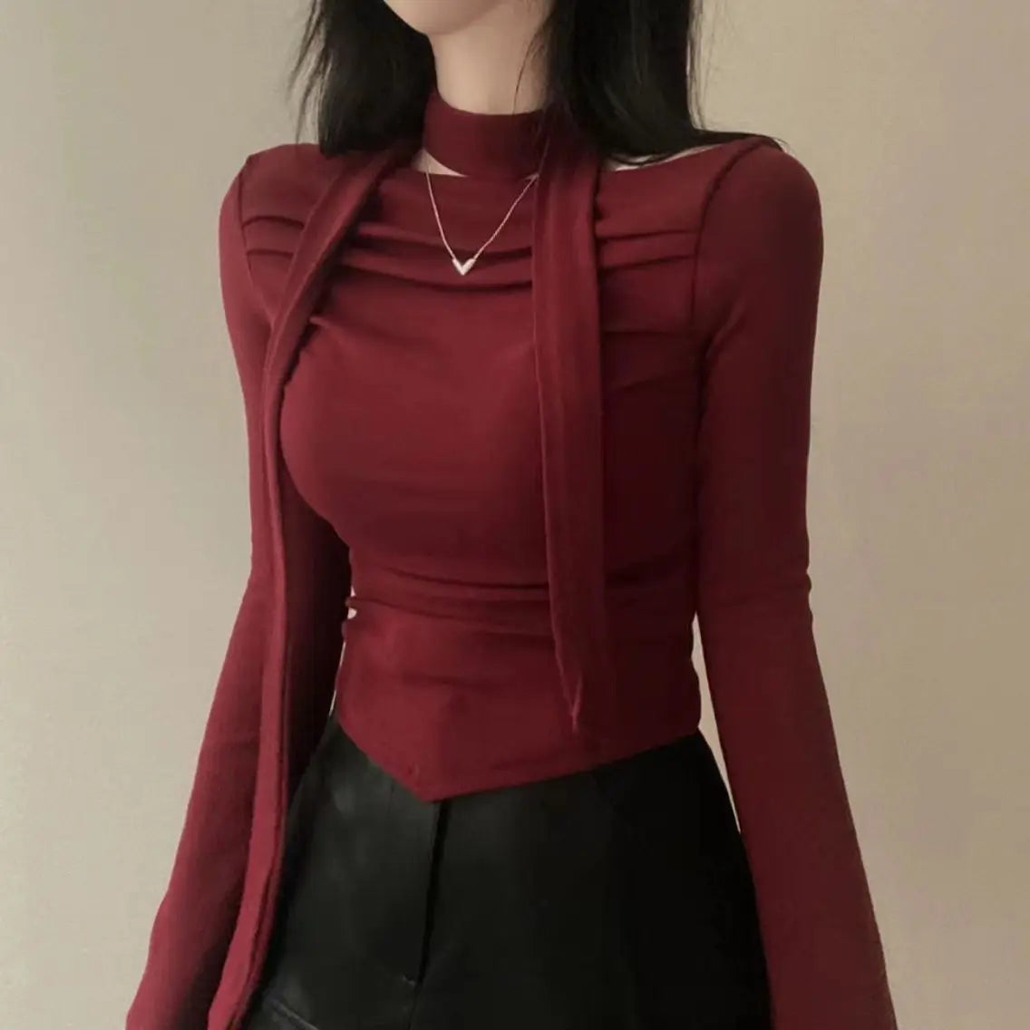 qgtao Y2K Crop T-Shirts Women Hotsweet Chic Long Sleeve Top Female Vintage Fashion Off Shoulder Tee Lady Spring Casual Lace-Up T Shirt