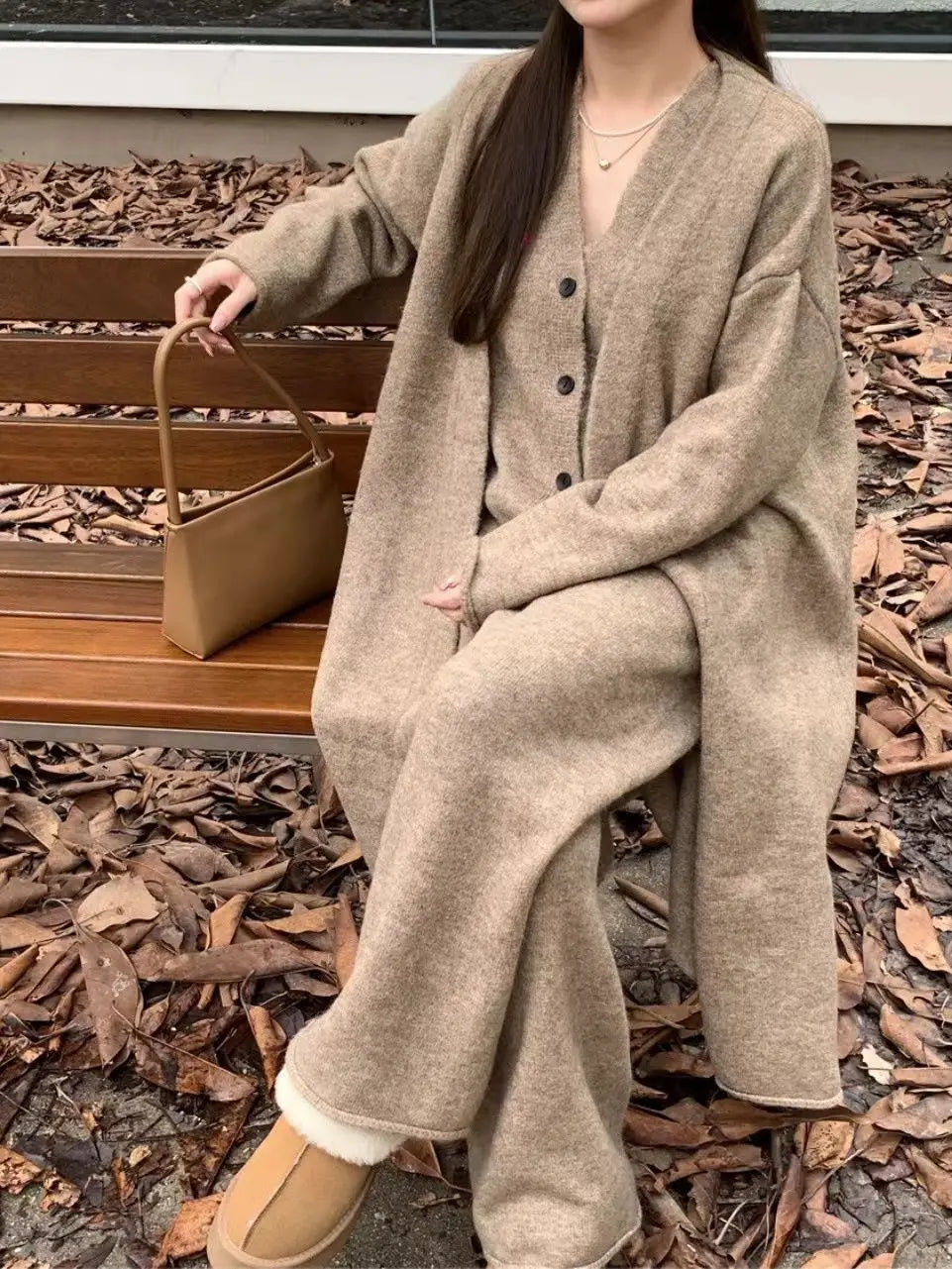 qgtao Autumn and Winter High-end Retro Maillard Long Sweater Two-piece Set