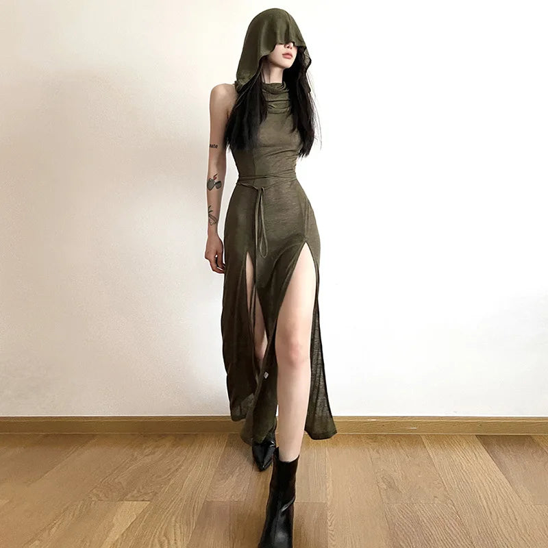 qgtao Cyber Gothic Desert Walker Hooded Dresses Y2k Punk Grunge Hollow Out Midi Dress Women Sexy Split Side Solid Streetwear