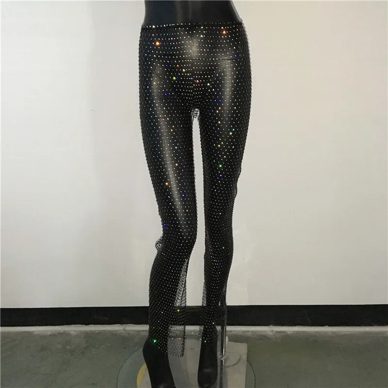qgtao Crystal Diamond Shiny Women Pants Sexy Hollow Out See Through Fishnet Elastic Trousers Fashion Summer Beach Party Club Pant