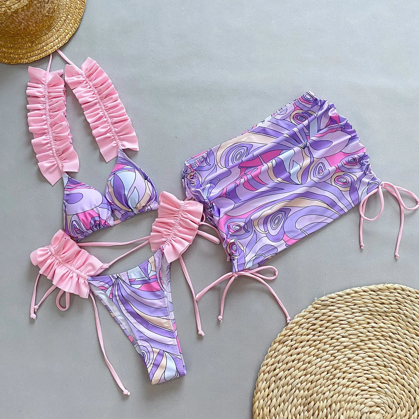 qgtao 3 Piece Bikini Women Swimsuits 2024 Female Swimwear Beachwear Swimming Suit Bathing Suit Bikini Set Floral Skirt Sarong Biquini