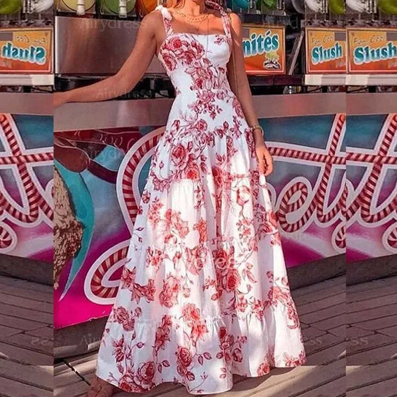 qgtao Long Dresses For Women Flower Printed Spaghetti Strap High Waist Large Skirt Hem Ladies Maxi Dress 2023 Summer Boho Beach Party