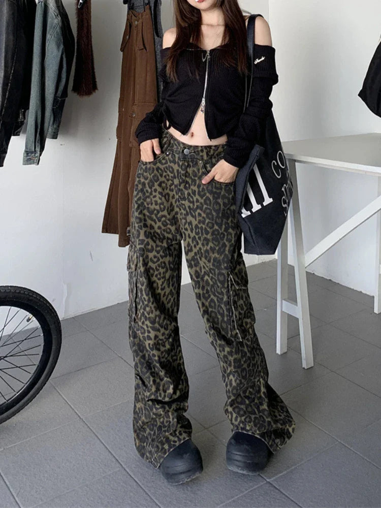 qgtao Leopard Print Pants Women Y2K High Waist Multiple Pockets Vintage Trousers Streetwear Hip Hop Loose Wide Leg Cargo Jeans