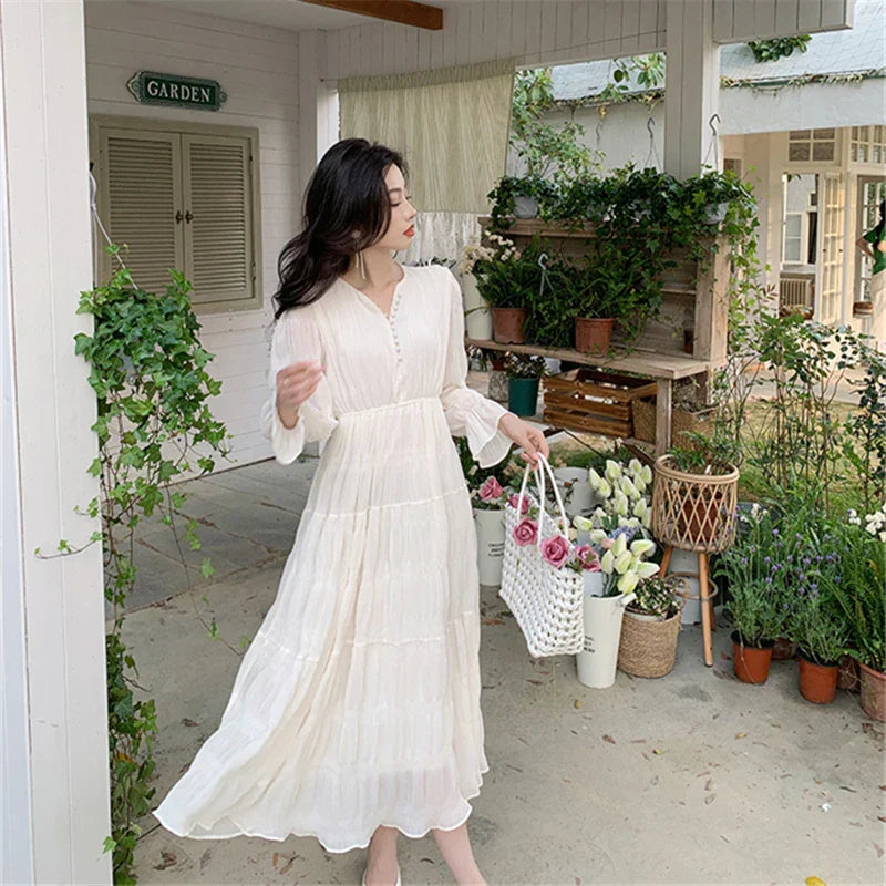 qgtao-Elegant Chic Women White Midi Dress for Autumn 2023 New Chiffon Puff Long Sleeve V-neck Casual Office Lady Cute Fairy Dress