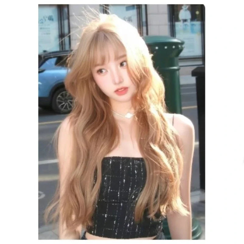 OKLULU - Long water Wave Wig Cold brown with Bangs Cosplay Silky Wig for Women Daily Party Natural Soft Synthetic Hair Heat Resistant 여장