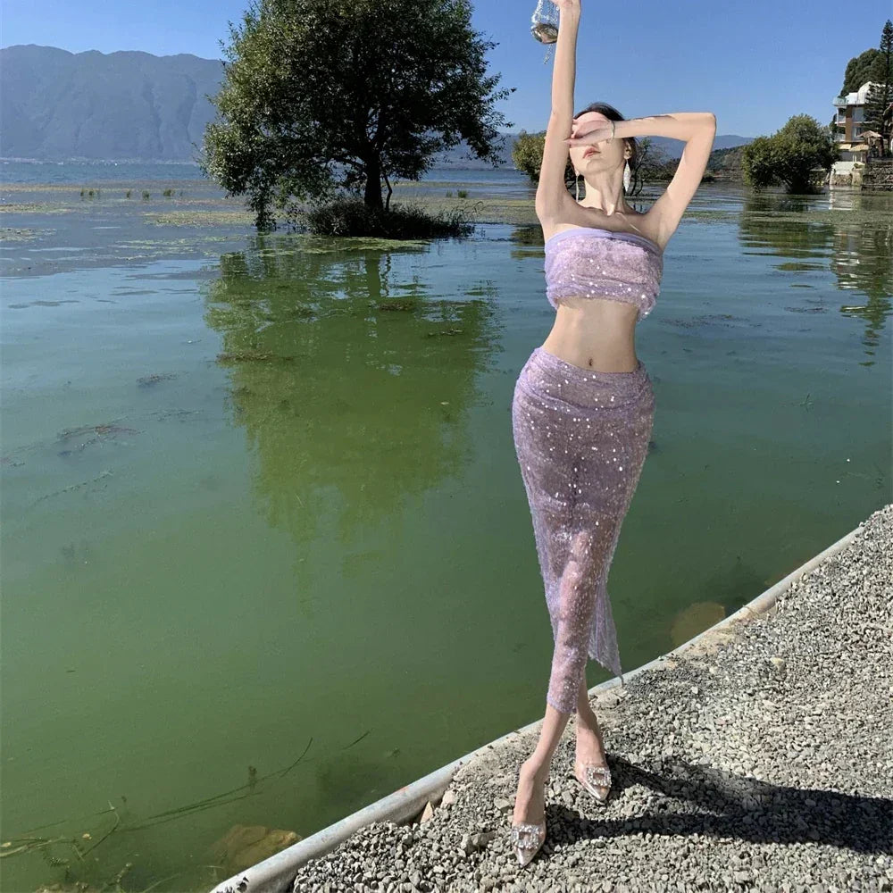 qgtao-2024 New Summer Purple Sequin Set for Women Sexy Split Half-body Dress Beach Holiday Casual Elegant 2 Pieces Female Clothing