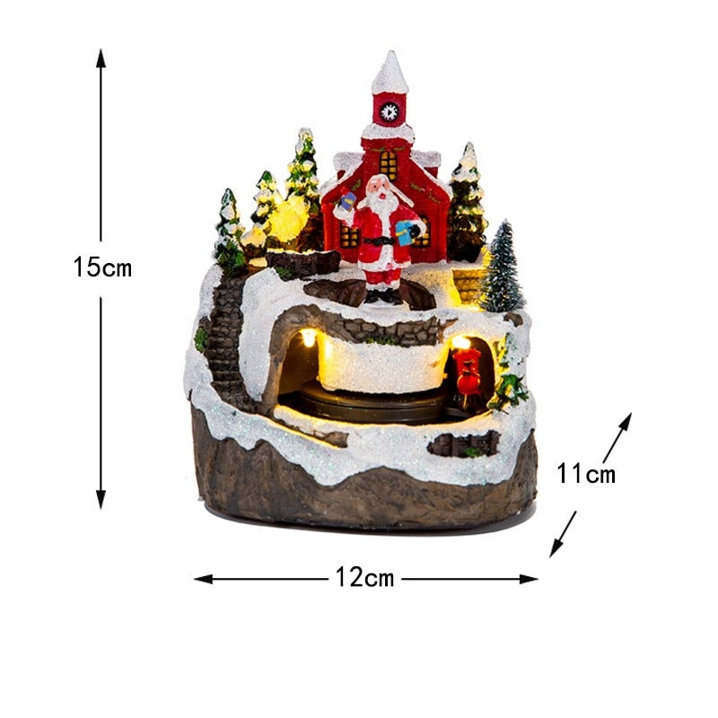 Christmas House Village Music Led Glow Rotating Train Snowman Santa Building Cabin Resin Crafts Xmas Holiday Ornament Home Decor