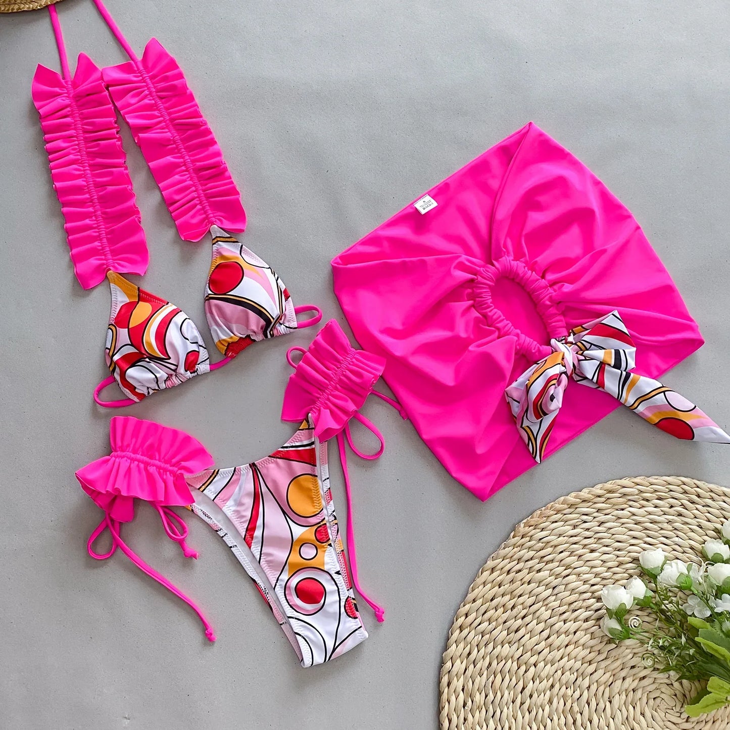 qgtao 3 Piece Bikini Women Swimsuits 2024 Female Swimwear Beachwear Swimming Suit Bathing Suit Bikini Set Floral Skirt Sarong Biquini