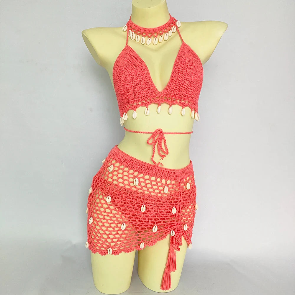 qgtao 4 pieces Woman Bikini Set Crochet Shell Tassel Top Sexy Thong Bottom See-Through Hollow Out Bandage High Waist Short Beach Skirt