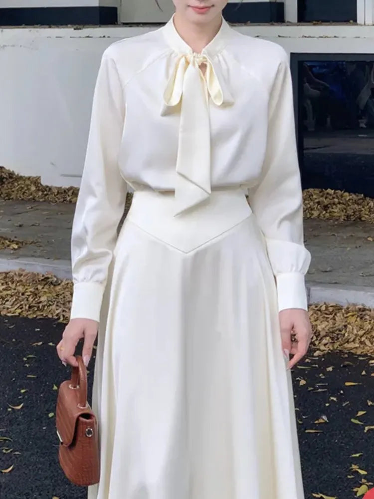 Fashion New Women Vintage Solid Casual Skirts Suit Elegant Shirts Tops A-Line Saya Two Pieces Set Female Party Outfits Clothes