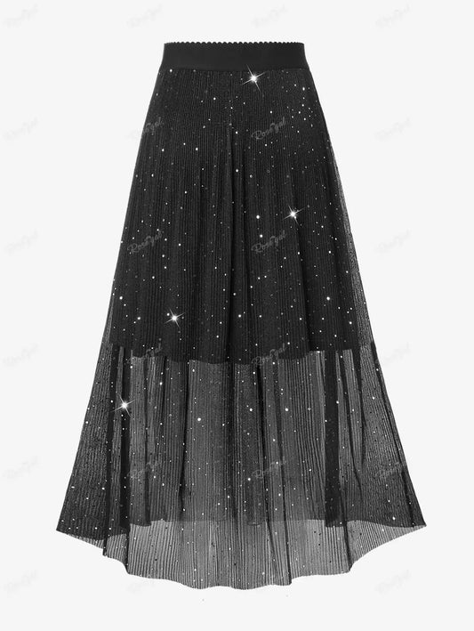 ROSEGAL Plus Size Sequins Pleated Skirt Women Black Fashion High Waisted Double-deck Skirts Ladies Streetwear Bottoms