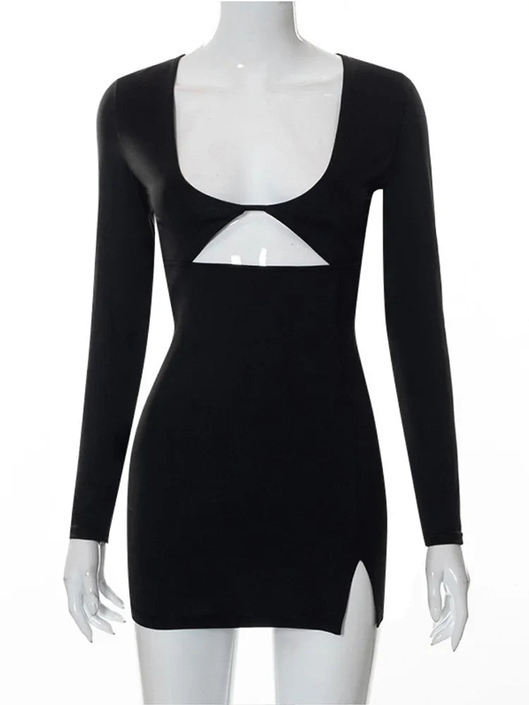 qgtao Casual Solid Long Sleeve Hipster V-neck Sheath Party Dress Women Gown Sexy Hollow Out Split Mini Dresses Woman Vestidos