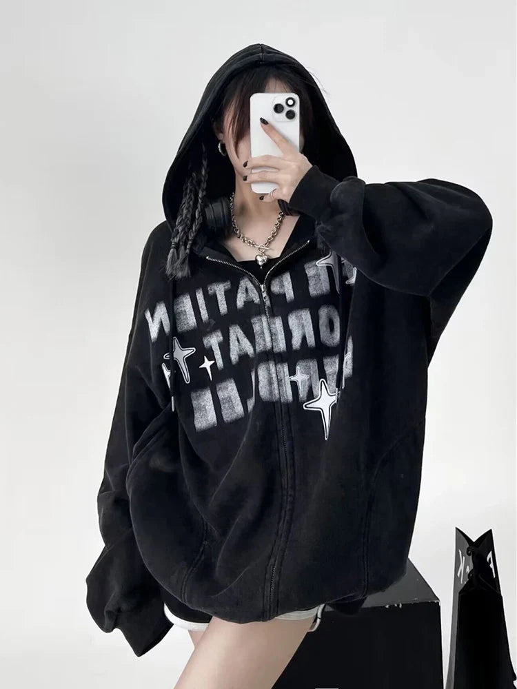 Hooded zip-up letter Print Women's Hoodie Y2k clothing High Street sweatshirts for men Round Neck Hoodies Vintage Dark Coat