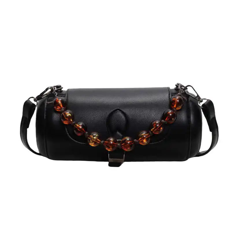 qgtao PU New Cylinder Crossbody Bag For Women Versatile Beading Decor Handheld Spring Autumn Fashion Solid Color Single Shoulder Bag