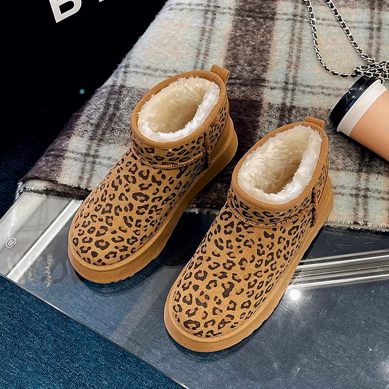 qgtao Women Leopard Print Shoes 2024 Winter New Comfortable Warm Women's Snow Boots Non-slip Wear-resistant Fashion Plush Short Boots