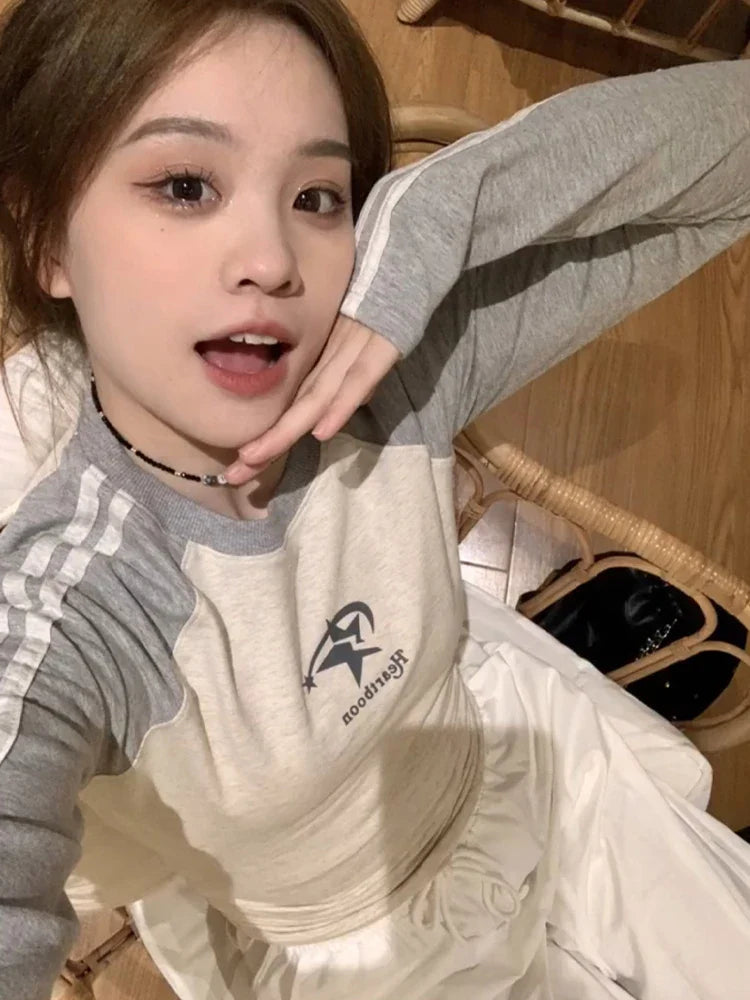 qgtao Y2K T Shirts Women Autumn Long Sleeve Top Female American Retro Star Print Crop Tee Lady Harajuku Stripe Patchwork Slim T Shirt