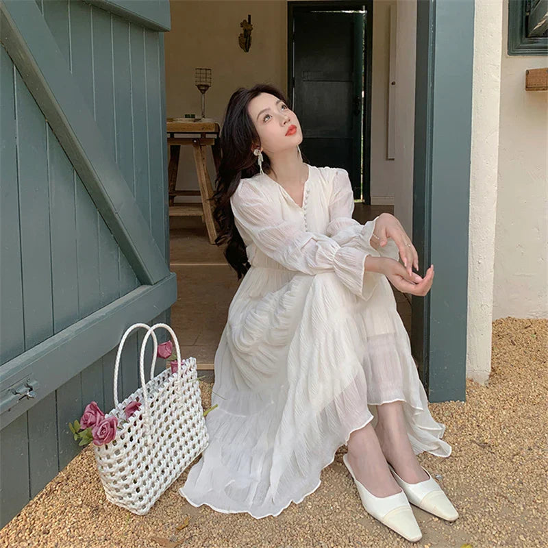 qgtao-Elegant Chic Women White Midi Dress for Autumn 2023 New Chiffon Puff Long Sleeve V-neck Casual Office Lady Cute Fairy Dress
