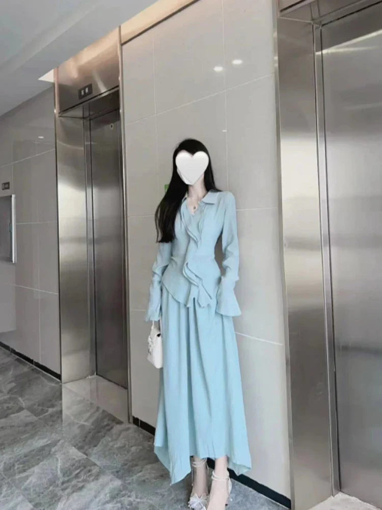 qgtao Autumn French Party Chiffon Skirt 2 Piece Set Women Casual Elegant Blouse + Office Lady Fairy Midi Skirt Korean Fashion