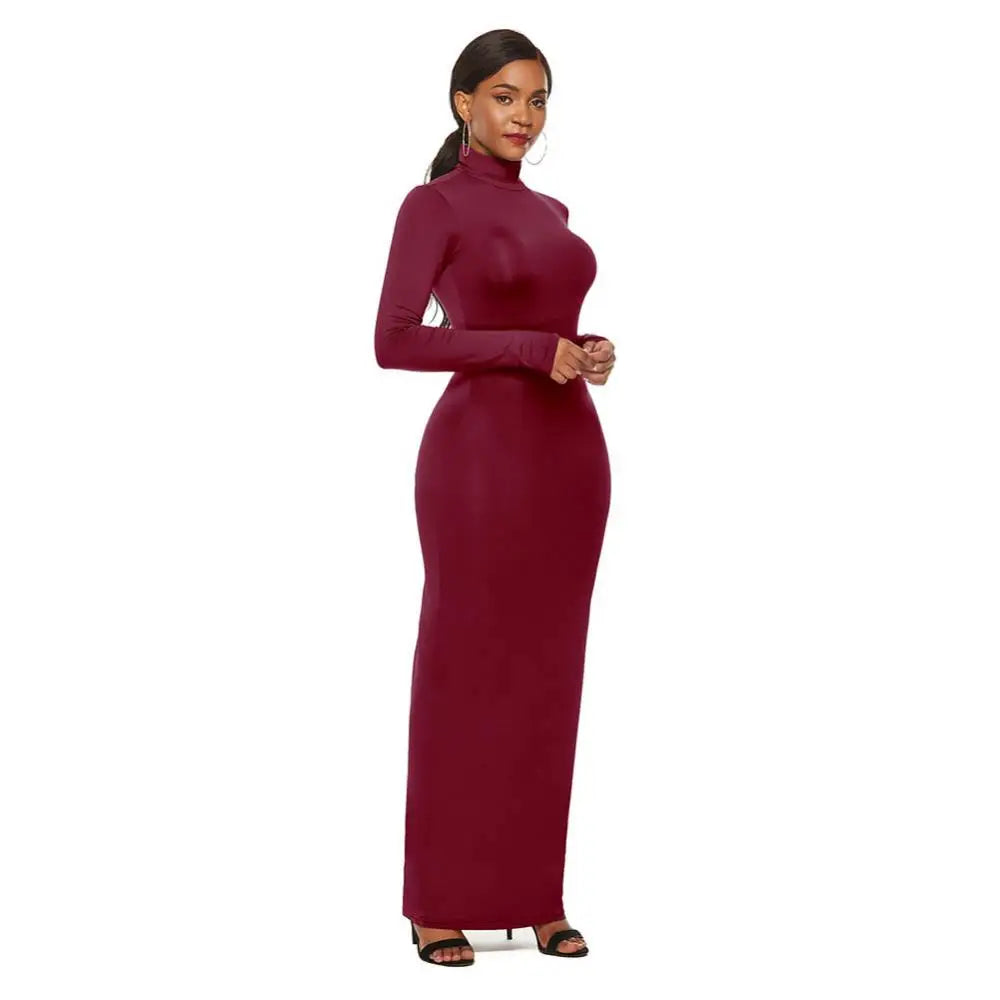 qgtao聽Women Long Dresses Plus Size Party Solid Color Women Long Sleeve Turtleneck Bodycon Dress Maxi Vestidos S-5XL