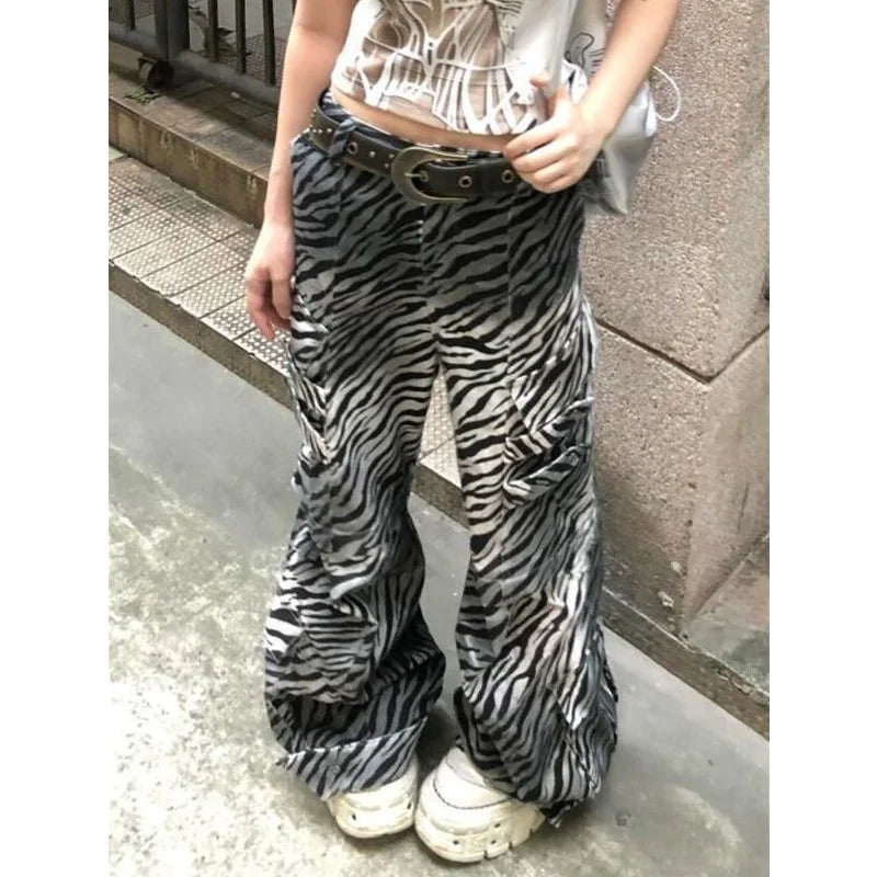 qgtao - 2024 Women's Casual Zebra print Gothic Jeans Vintage Aesthetic Emo Loose Washed Pants Y2K Wide Leg Punk Baggy Denim Trouser