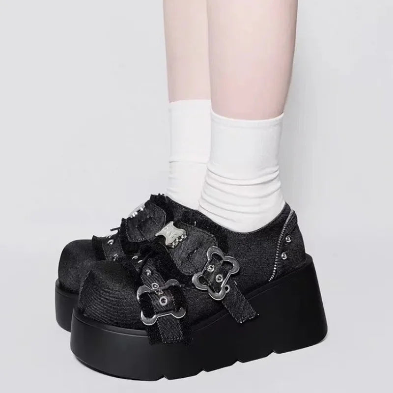 qgtao Punk Metal Chain Chunky Platform Ankle Boots Women 2024 Winter Y2K Thick Bottom Denim Boots Woman Black Gothic Lolita Shoes