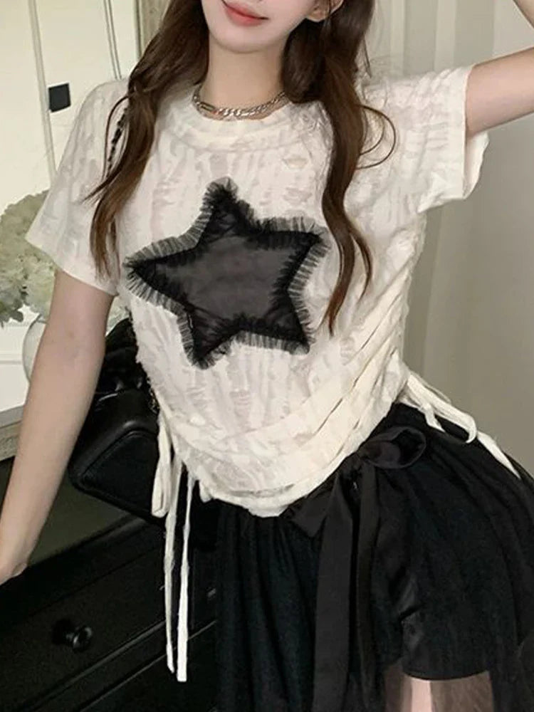 qgtao Y2K T Shirts Women Summer Short Sleeve Top Female Harajuku Fashion Star Print Tee Ladies Vintage Hotsweet Drawstring Camisetas