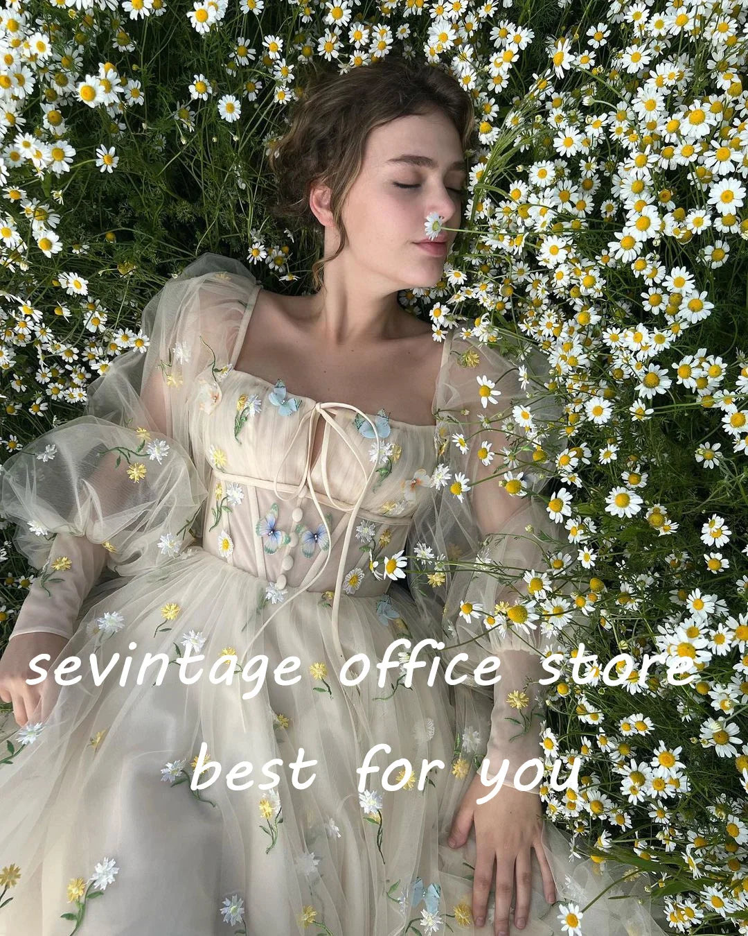 qgtao vintage Embroidery Lace Appliques Butterfly Tulle Long Prom Dresses Puff Sleeves A-Line Evening Gowns Formal Party Dress 2022