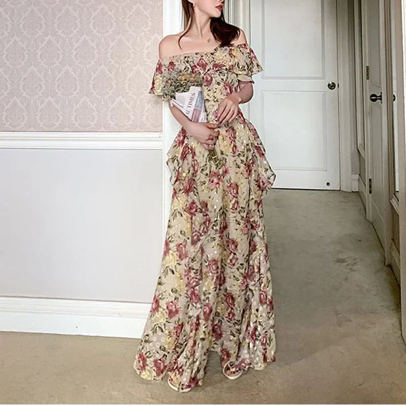 qgtao French Elegant 2000s Vintage Dress Women Floral Floor-Length Sexy Wedding Party Long Boho Dress Beach Style 2024 Summer Y2k Chic