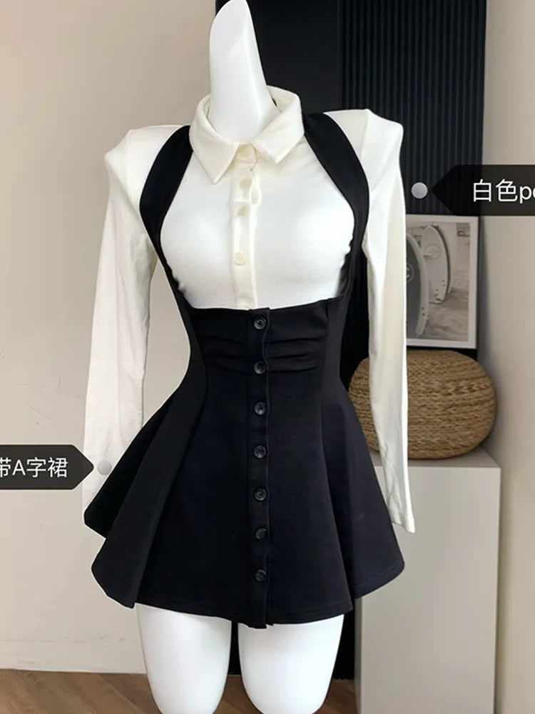 qgtao Korean Y2k Two Piece Sets Fall Outfits Office Women Skirt Sets Lapel Cardigan Crop Tops + Suspender Mini Skirt Elegante Clothes