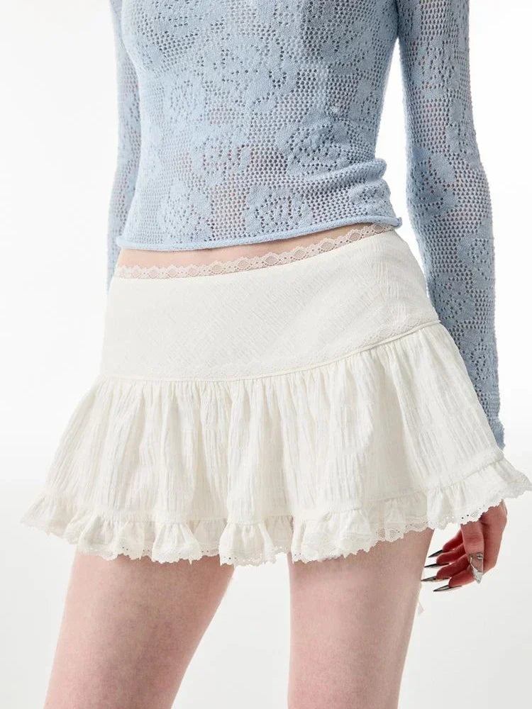 qgtao Coquette Mini Skirt Women 2023 Kawaii Lace Mesh Patchwork Sexy White High Waist A-line Lolita Ruffle Skirt Fairycore