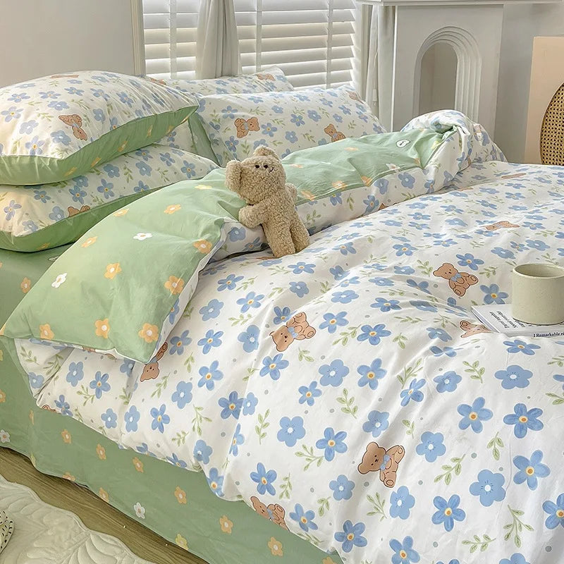 Yeknu Cotton Bedding Set Pastoral Style Floral Bear Fitted Sheet Duvet Cover Pillowcase Fashion Cartoon Boy Girls Dormitory Bedclothes