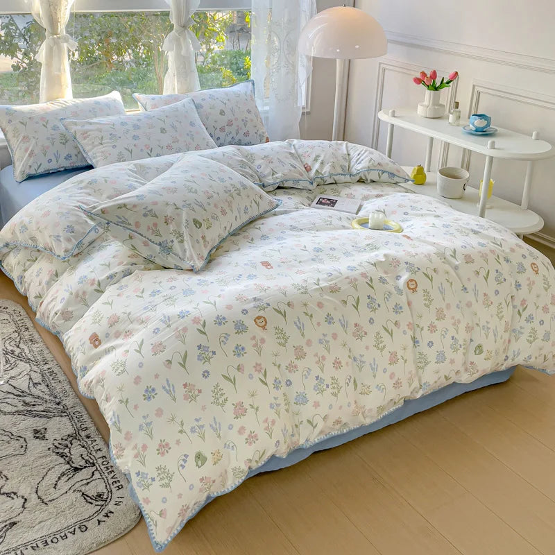 Yeknu Pastoral Girls Flower Bedding Sets, Washed Cotton Bed Linens, Soft Quilt Cover Sheet Set, Simple Bedspread, Home Textiles