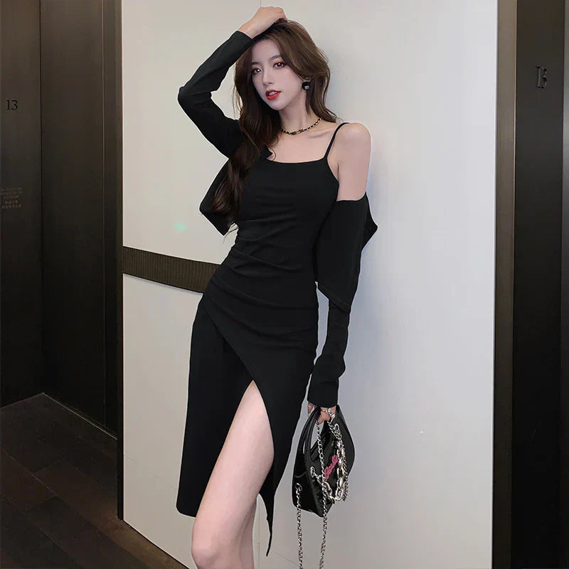 qgtao-New Autumn Fashion Solid Women Midi Dress with Long Sleeved Cardigan Elegant Chic Vintage Office Lady Slim Dresses Korean
