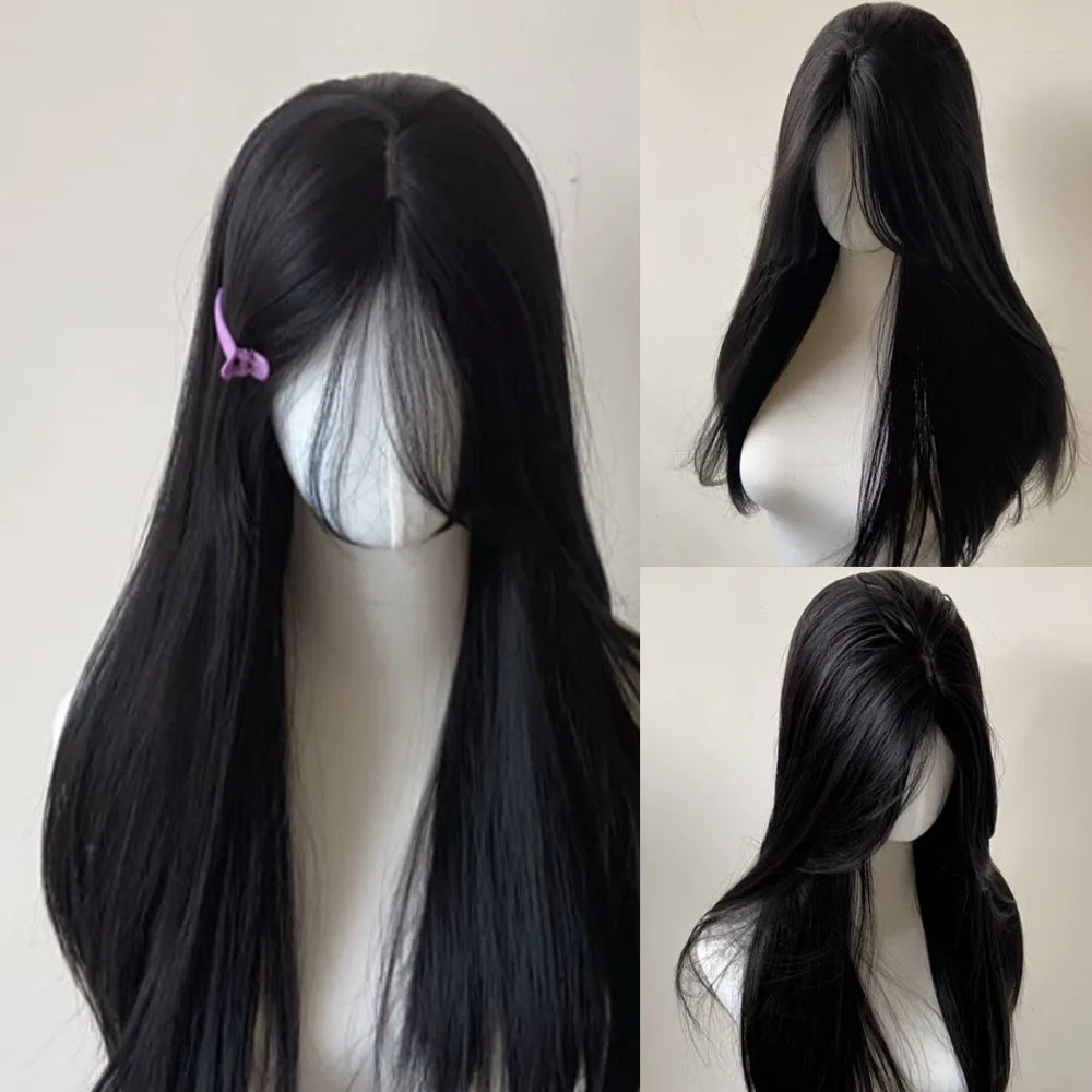 qgtao - Midsummer Wig for Women Long Black Straight Wig Headband Wig Black Brown Center Parting Natural Simulation hair for Daily Use
