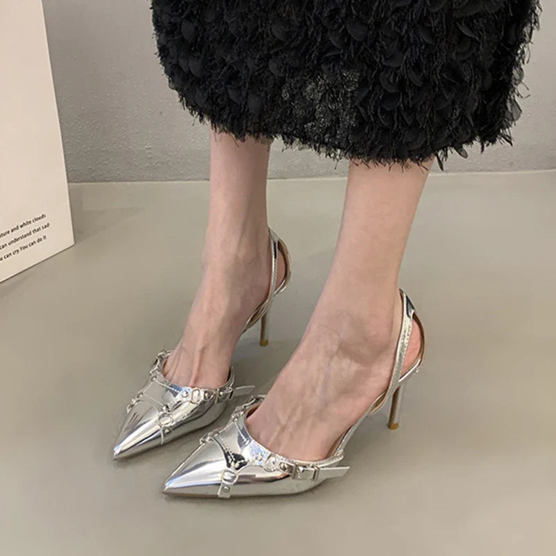 qgtao Y2K Silver High Heels Sandals Women Summer 2024 Punk Goth Pointed Toe Party Shoes Woman Metallic Thin Heeled Dress Pumps Ladies