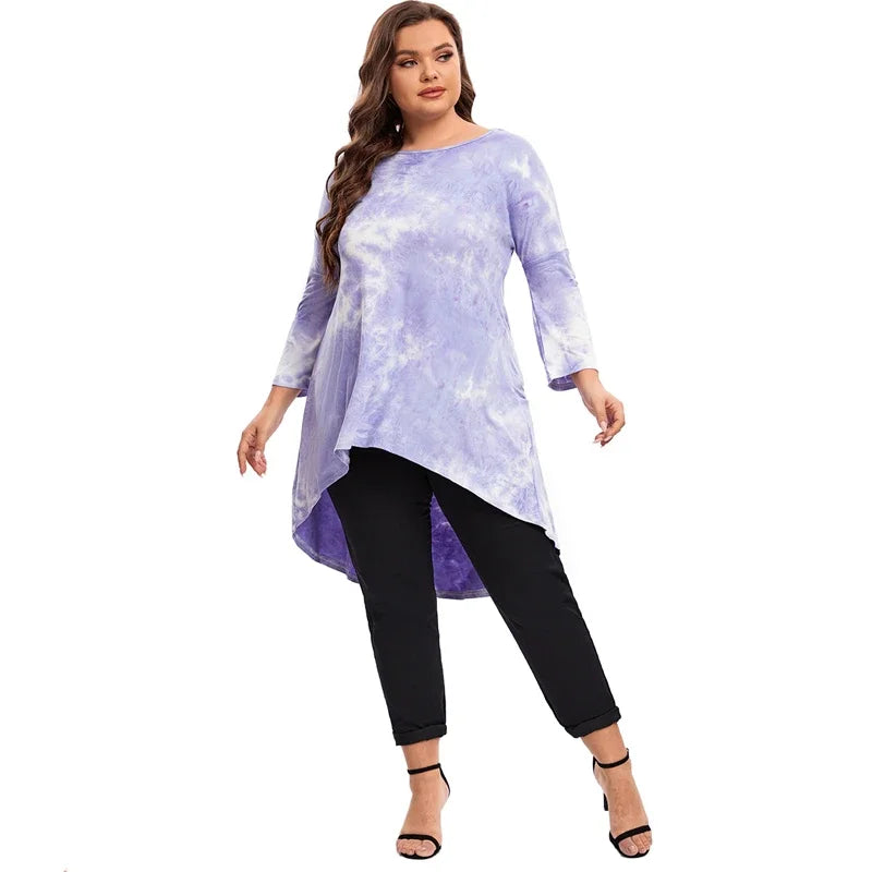 qgtao Plus Size Long Sleeve Elegant Tie Dye Tunic Tops Long Loose Autumn Hi Low Swing Blouse T-shirt Plus Size Clothing Women 6XL 7XL