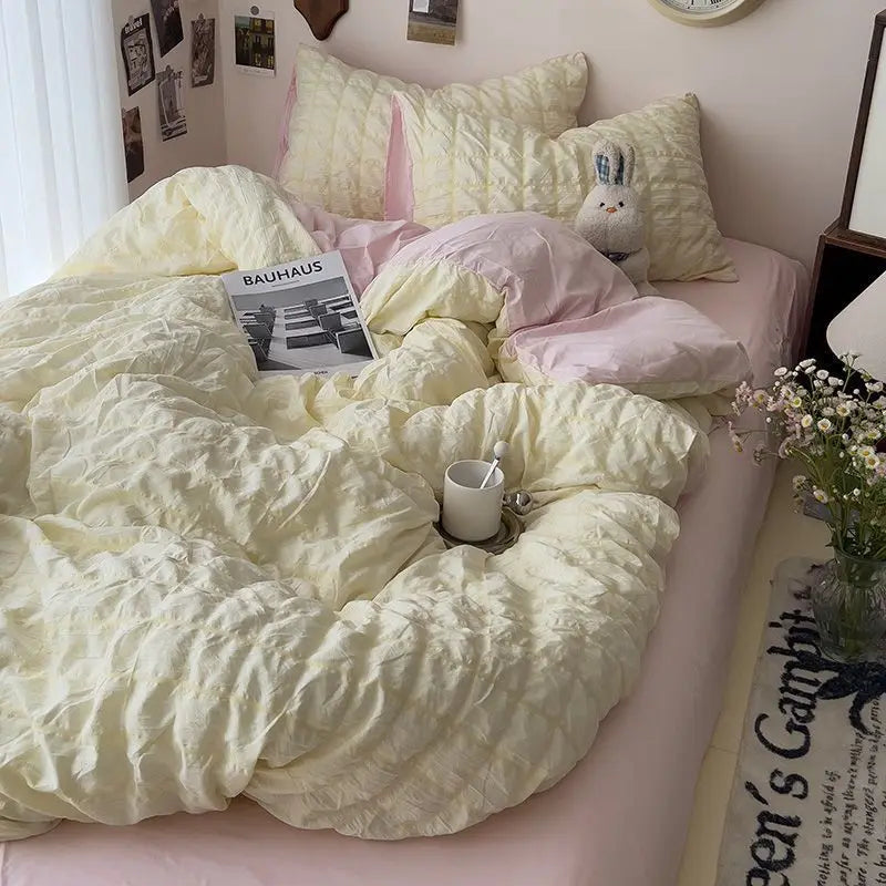 Yeknu Seersucker Princess Girls Bedding Set Duvet Cover Korean Four PIECE Washed Cotton Bed Sheet Cover Quilt Set