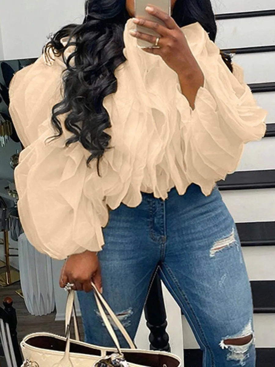 qgtao Plus Size Fold Design Mesh Blouse 2024 spring NEW women top Round Neck Solid Color Elegant Romantic women Blouse