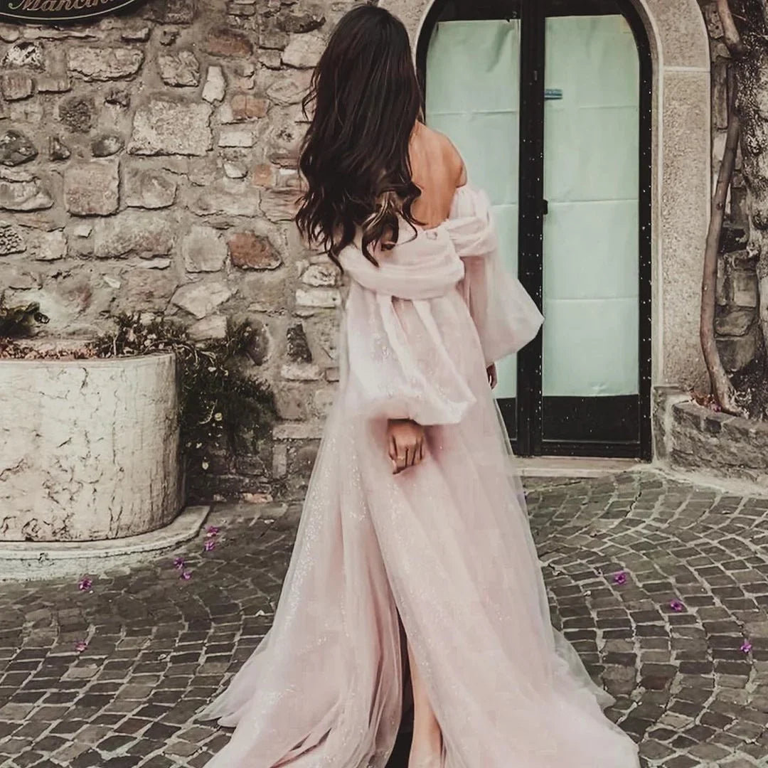 qgtao Pink Shiny Tulle Prom Dresses Off The Shoulder Long Puff Sleeve Evening Party Gowns Slit Women Arabia Wedding Dress