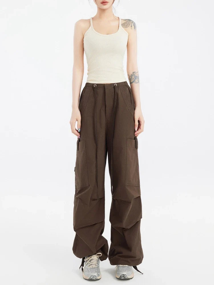 QWEEK Baggy Cargo Pants Women Oversize High Waist Vintage Folds Trousers Streetwear Multiple Pockets Drawstring Jogger Pants