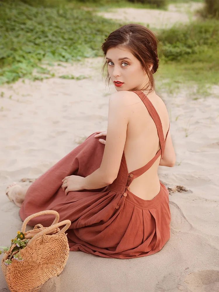 qgtao Elegant Cotton Linen Women's Dress Sexy Sleeveless Sqaure Collar Back Cross Long Midi Party Dress Vestidos платье женское