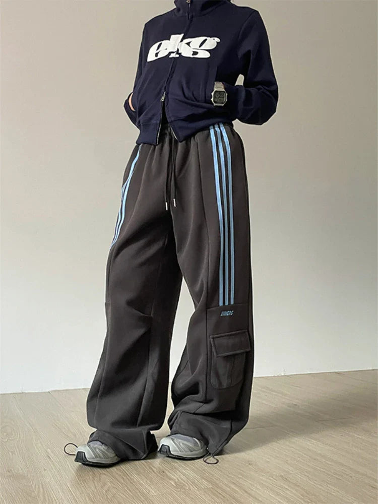 qgtao Y2k Stripe Sweatpants Women Hip Hop High Waist Vintage Loose Wide Leg Pants Street wear Elastic Casual Black Oversize Pants