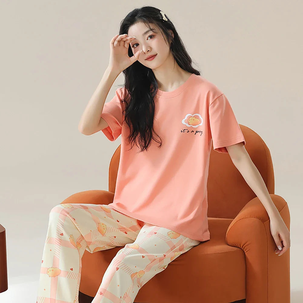 qgtao M-2XL 100% Cotton Women's Pajamas Casual Summer Short Sleeve Thin Pijama Sets Breathable Soft Pajama Sleepwear With Two Pockets