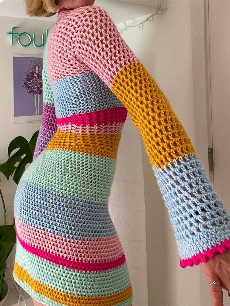 Contrast Colors Long Sleeve Knit Dress