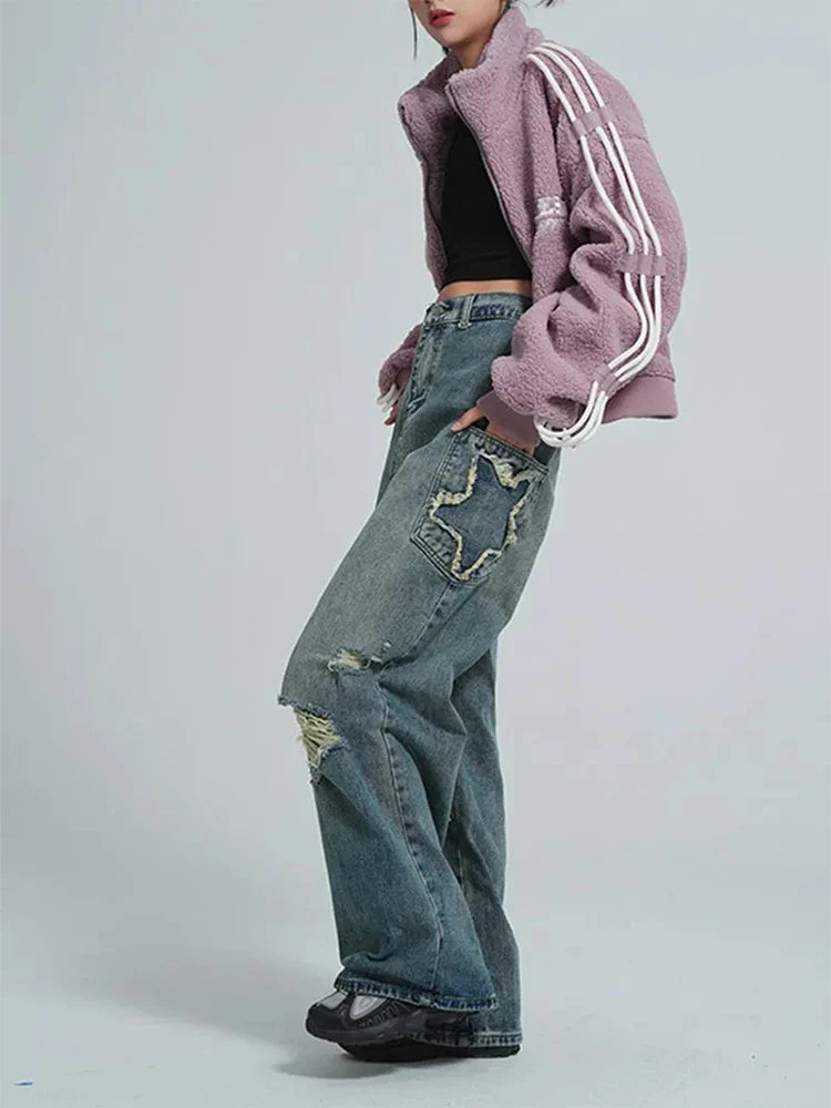 Women's Blue Star Ripped Jeans Baggy Harajuku Aesthetic Denim Trousers Y2k Wide Jean Pants Vintage 2000s Trashy Oversize Clothes