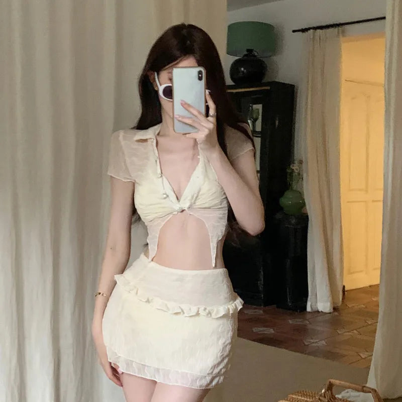 qgtao 2024 Women Two-Piece Swimwear Swimsuit White Korean Style 2 Piece Beach Wear Swimsuit Set With Skirt And Cardigan