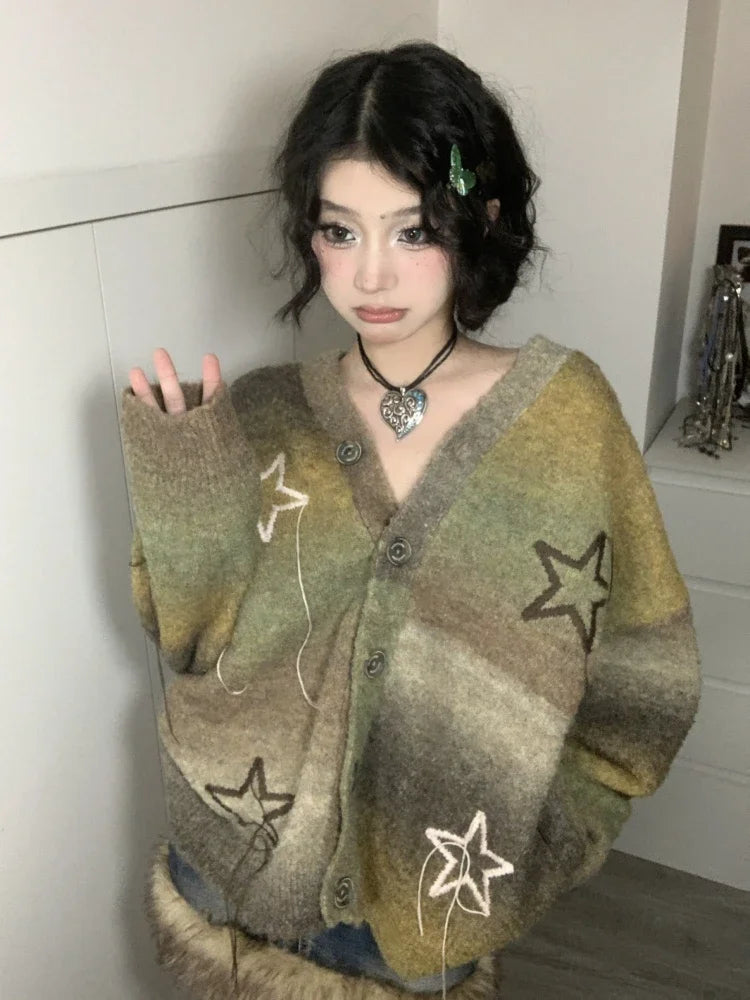 qgtao Vintage Star Knitted Cardigan Women Harajuku Autumn Winter Oversized Sweater Retro Embroidery Tops Fairycore Aesthetic