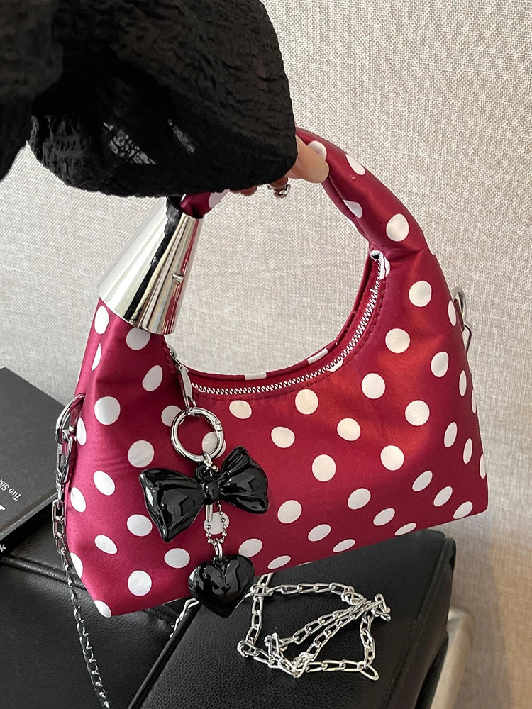 qgtao Women Fashion Round Dot Chain Crossbody Bag Autumn Winter New Bow Decor Handbag Female Nylon Zipper Style Design Shoulder Bag